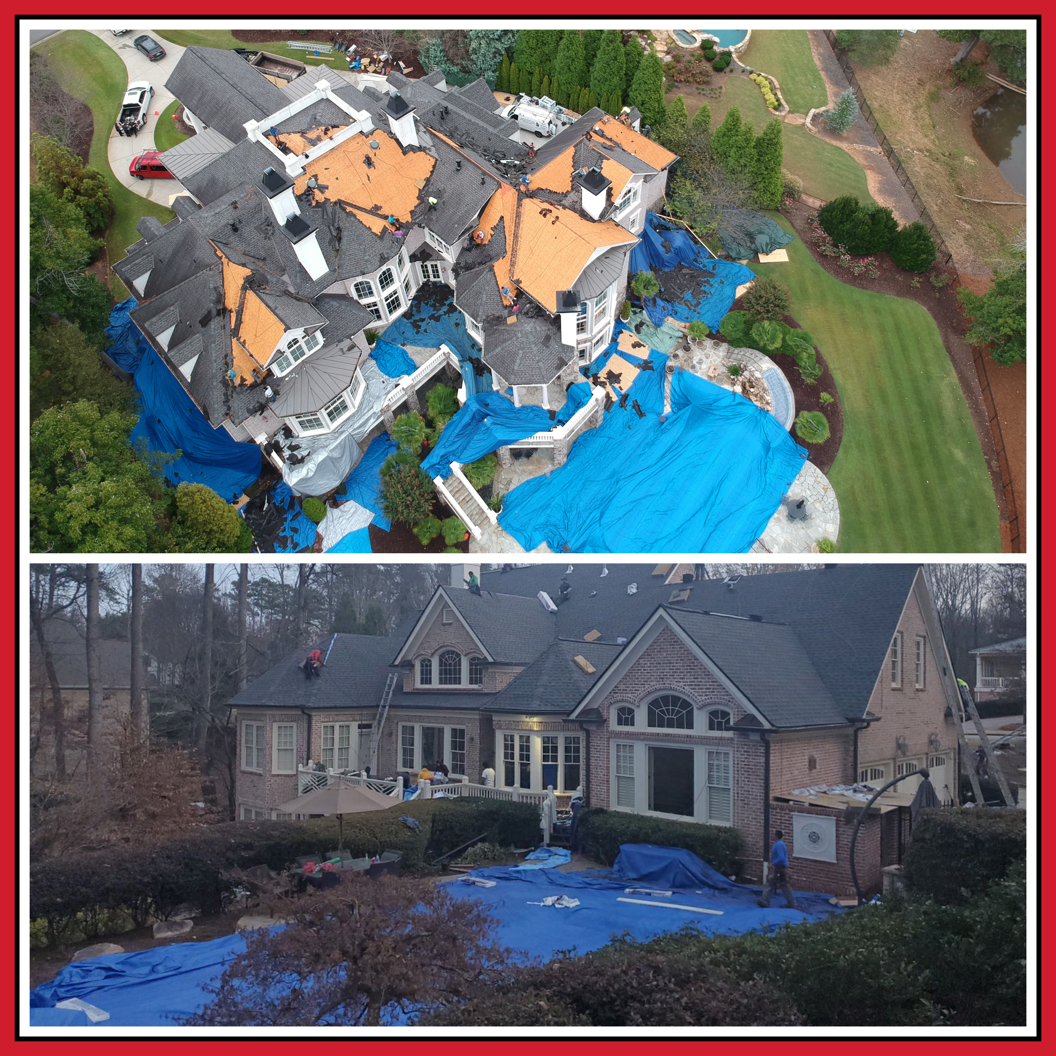 Active roof replacement on luxury Atlanta estate — aerial drone view of tear-off with blue tarps protecting landscaping